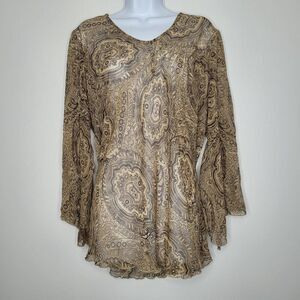 Vintage y2k brown tan boho print semi sheer lace up back plus size witchy top 2x